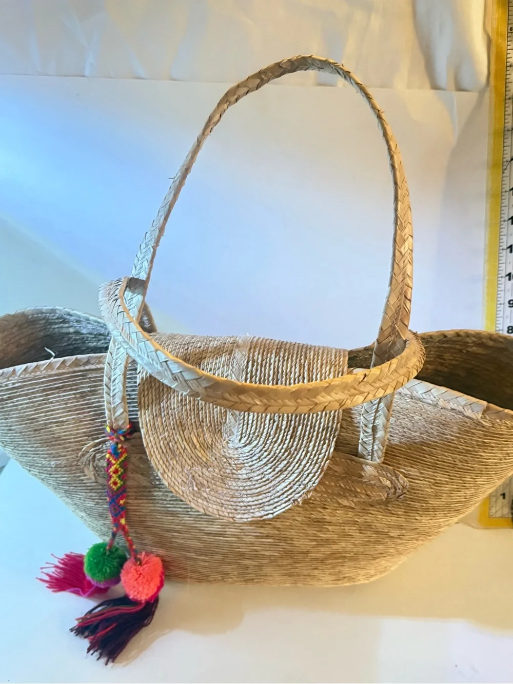 Handwoven Straw Tote Bag with Colorful Pom Pom Charm - Natural